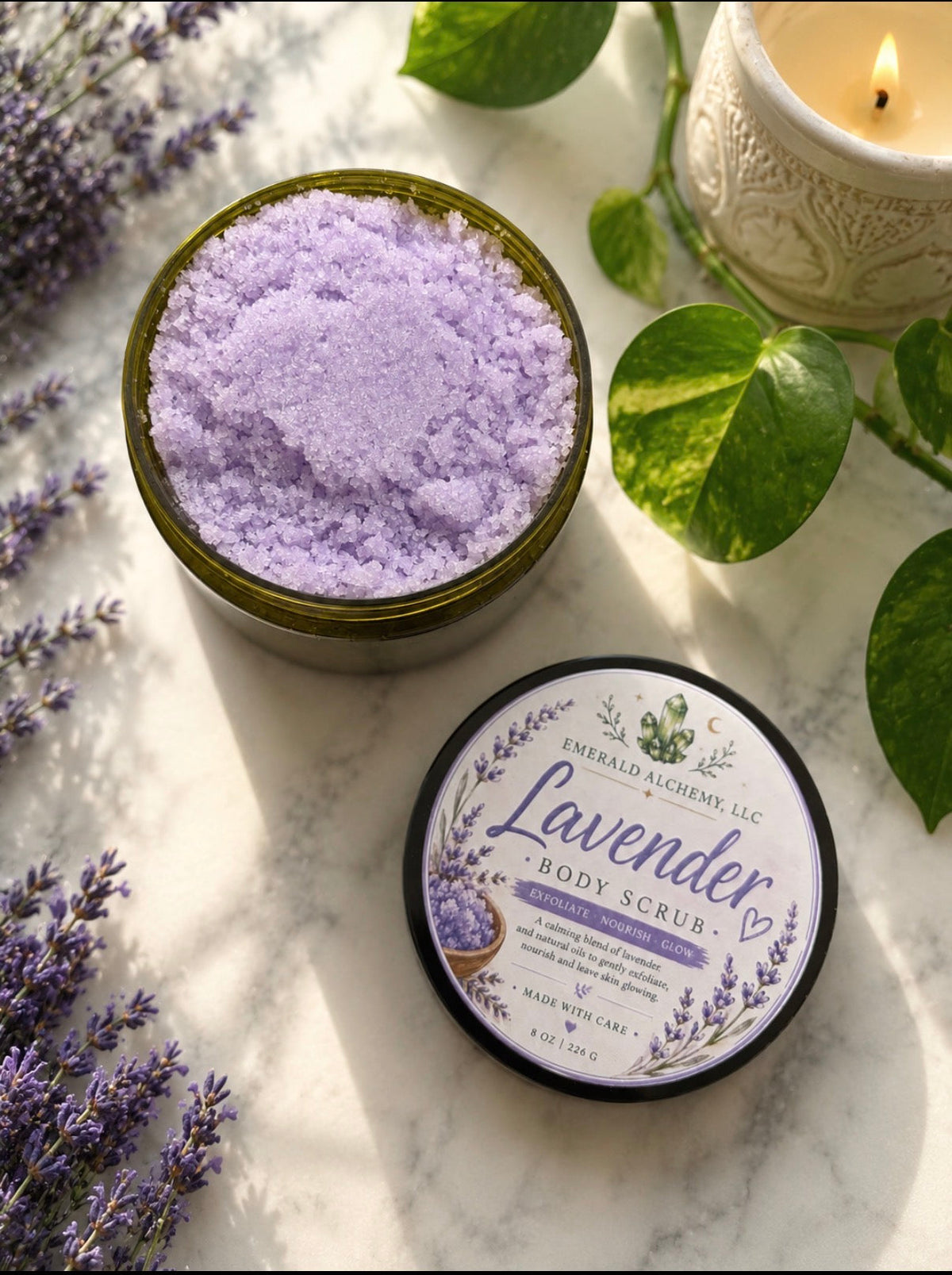 Lavender Sugar Body Scrub product photo showing the exfoliating scrub