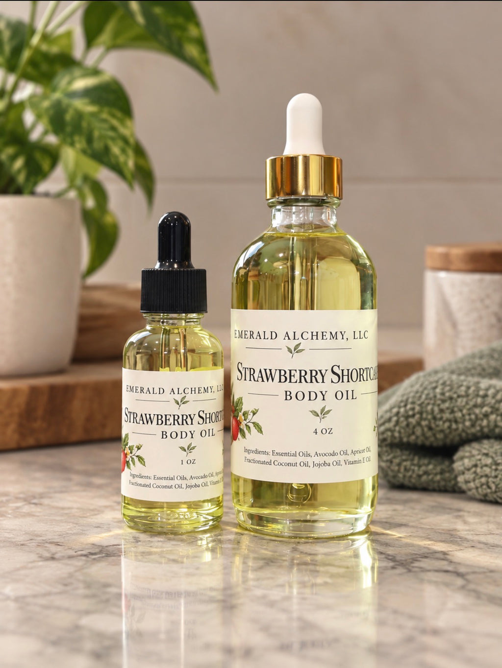 Strawberry Shortcake body oil in 1 oz and 4 oz glass dropper bottles