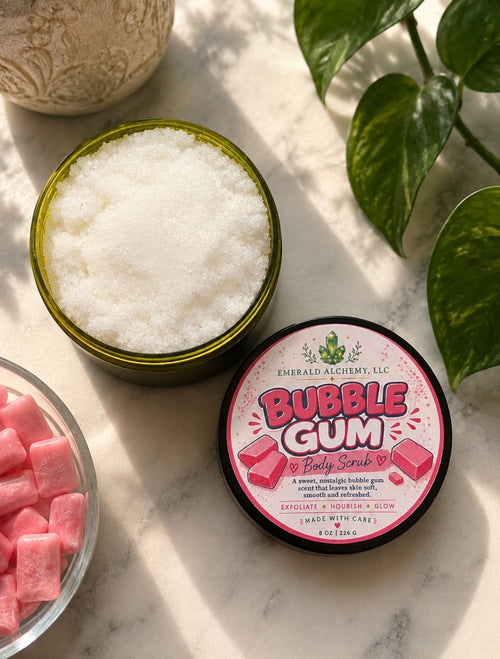 Bubble Gum Sugar Body Scrub 8 oz with open white sugar scrub and pink bubble gum label
