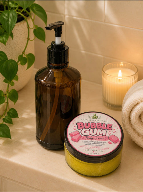 Bubble Gum Sugar Body Scrub 8 oz jar in bathroom setting with candle, towel, and greenery