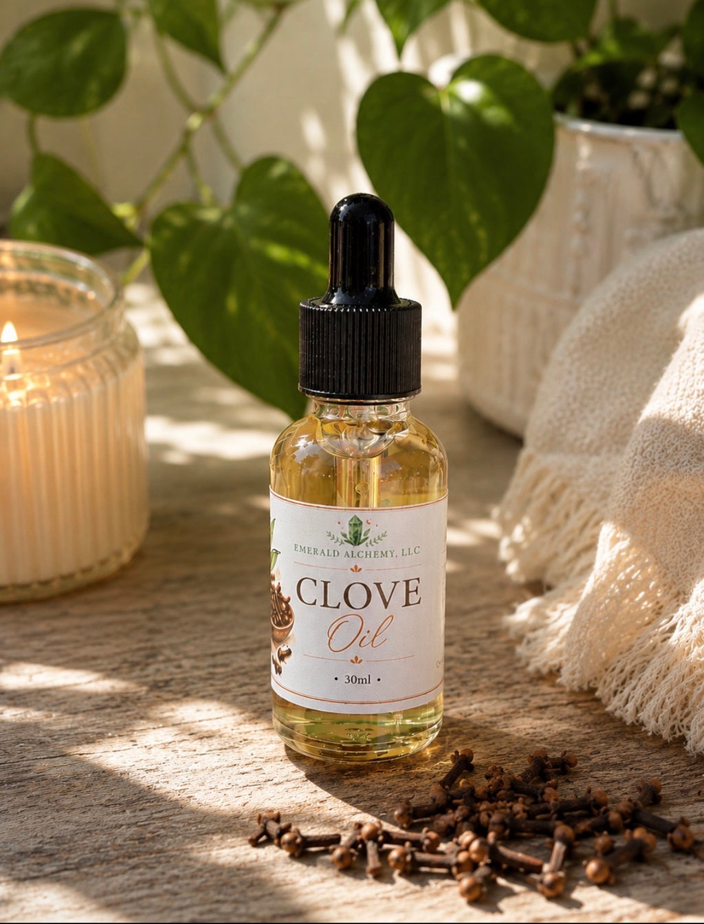 Clove body and massage oil in a 1 oz dropper bottle