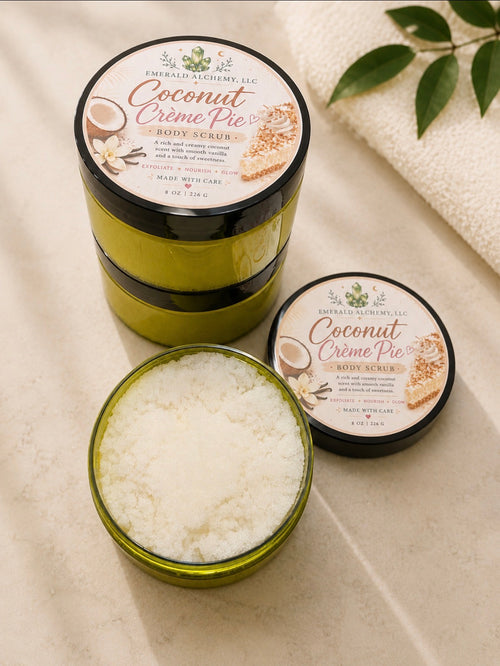 Coconut Crème Pie Sugar Body Scrub 8 oz with open jar and labeled lids