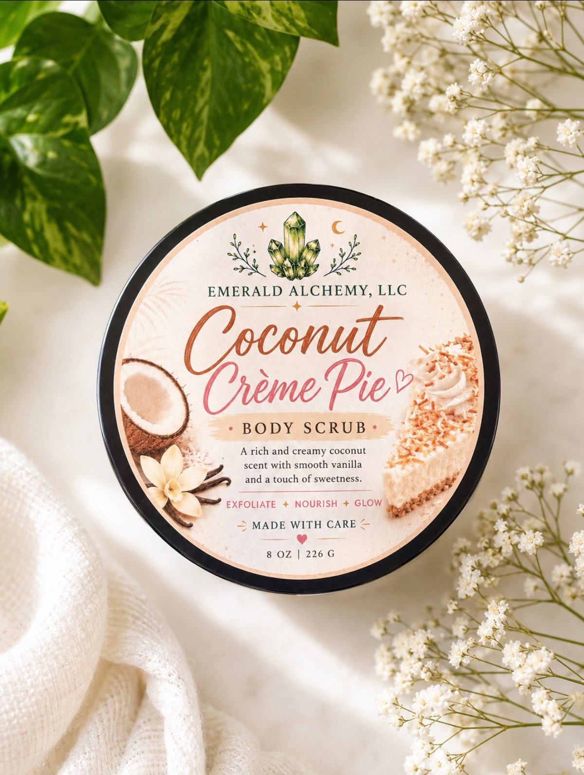 Coconut Crème Pie Sugar Body Scrub 8 oz jar with coconut and vanilla label