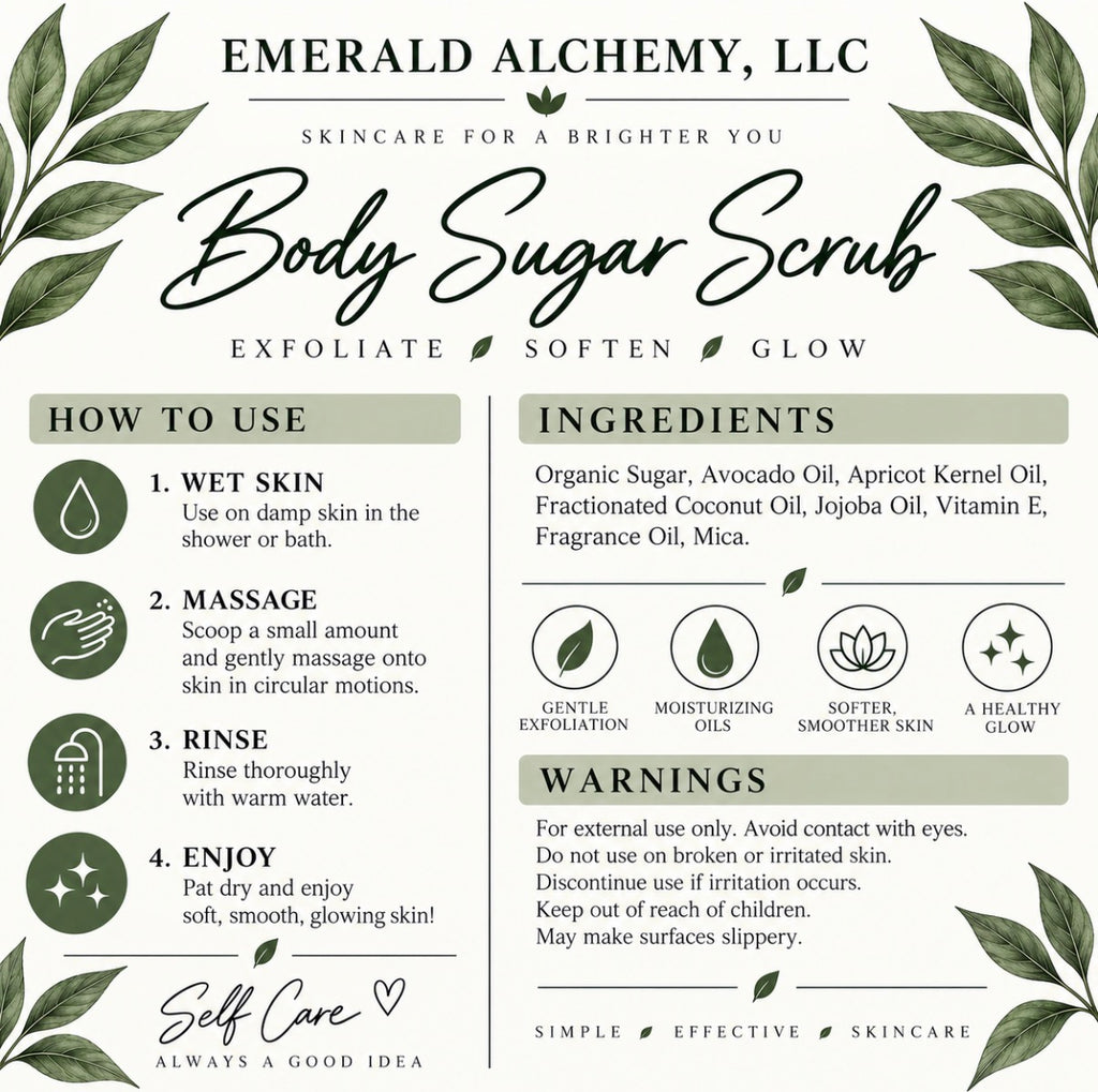 Emerald Alchemy body sugar scrub directions, ingredients, benefits, and warnings
