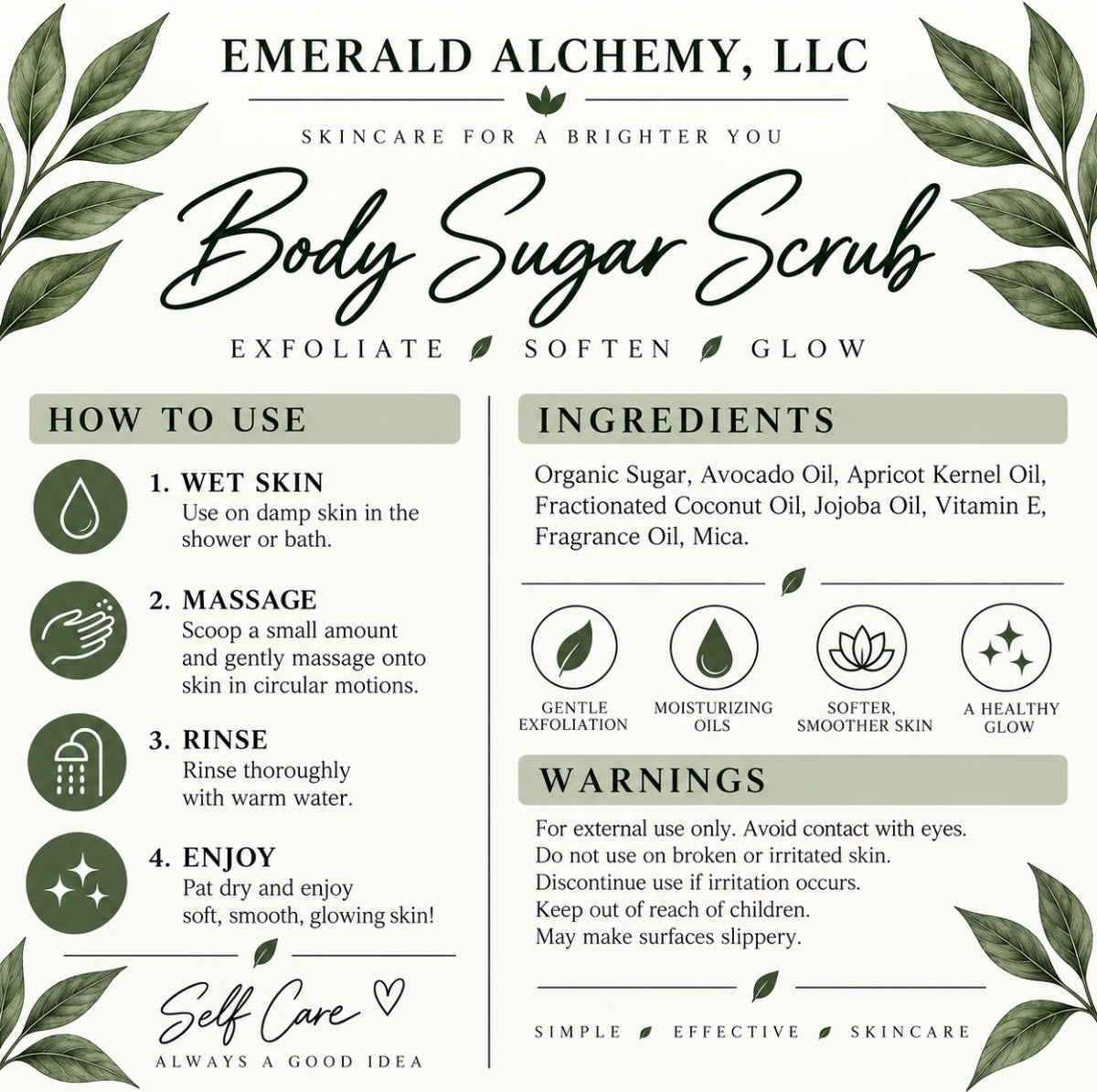 Emerald Alchemy body sugar scrub directions, ingredients, benefits, and warnings