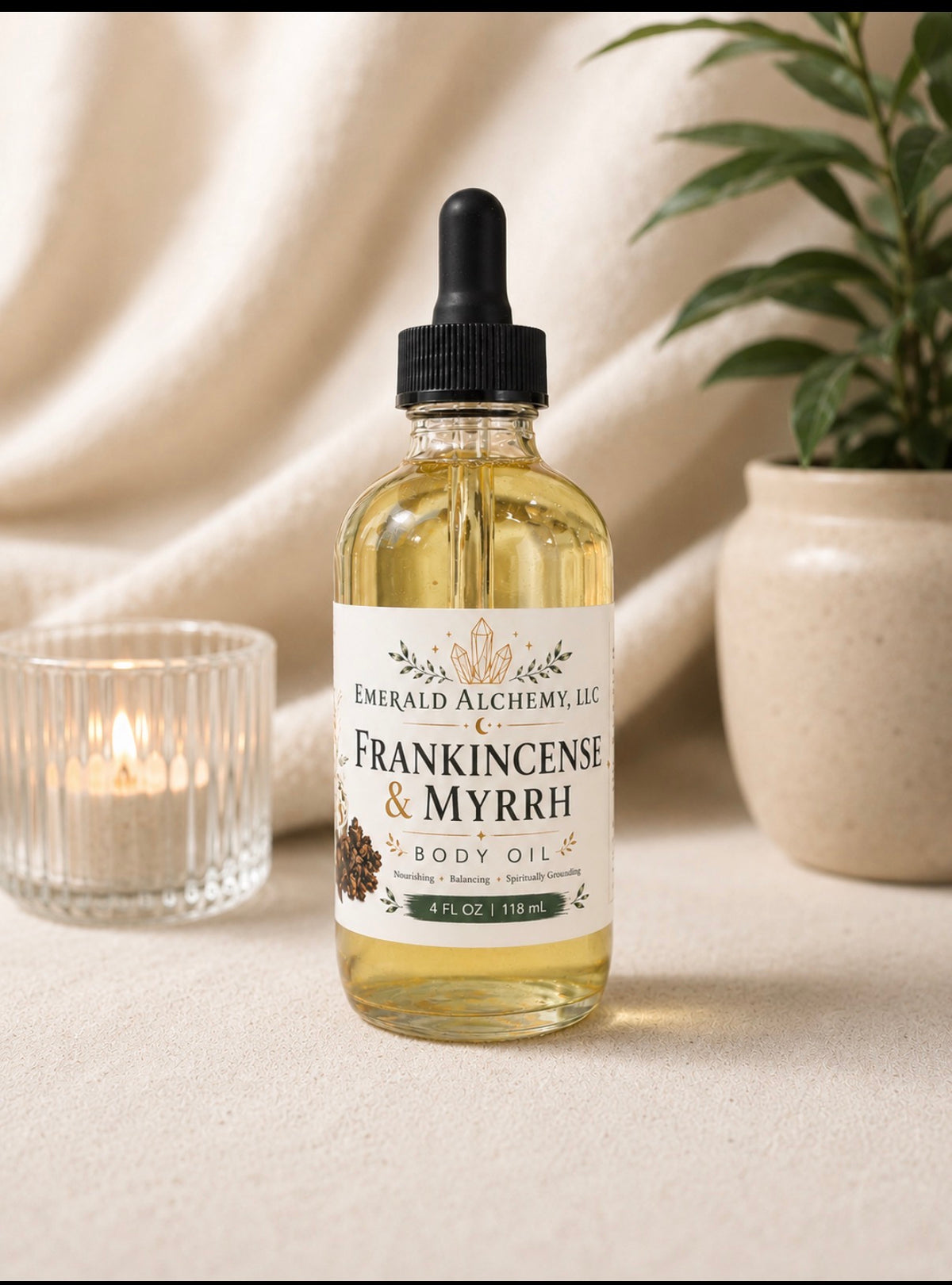Frankincense and Myrrh Body Oil in a 4 oz dropper bottle