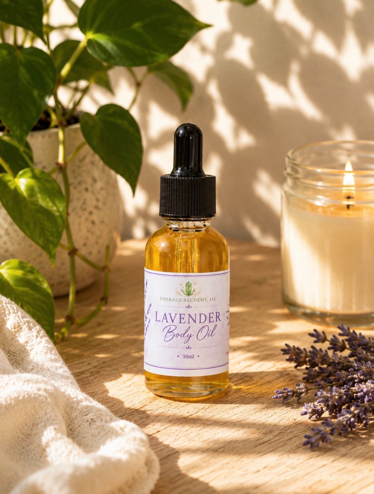 Lavender Body Oil in a 1 oz dropper bottle with lavender and greenery