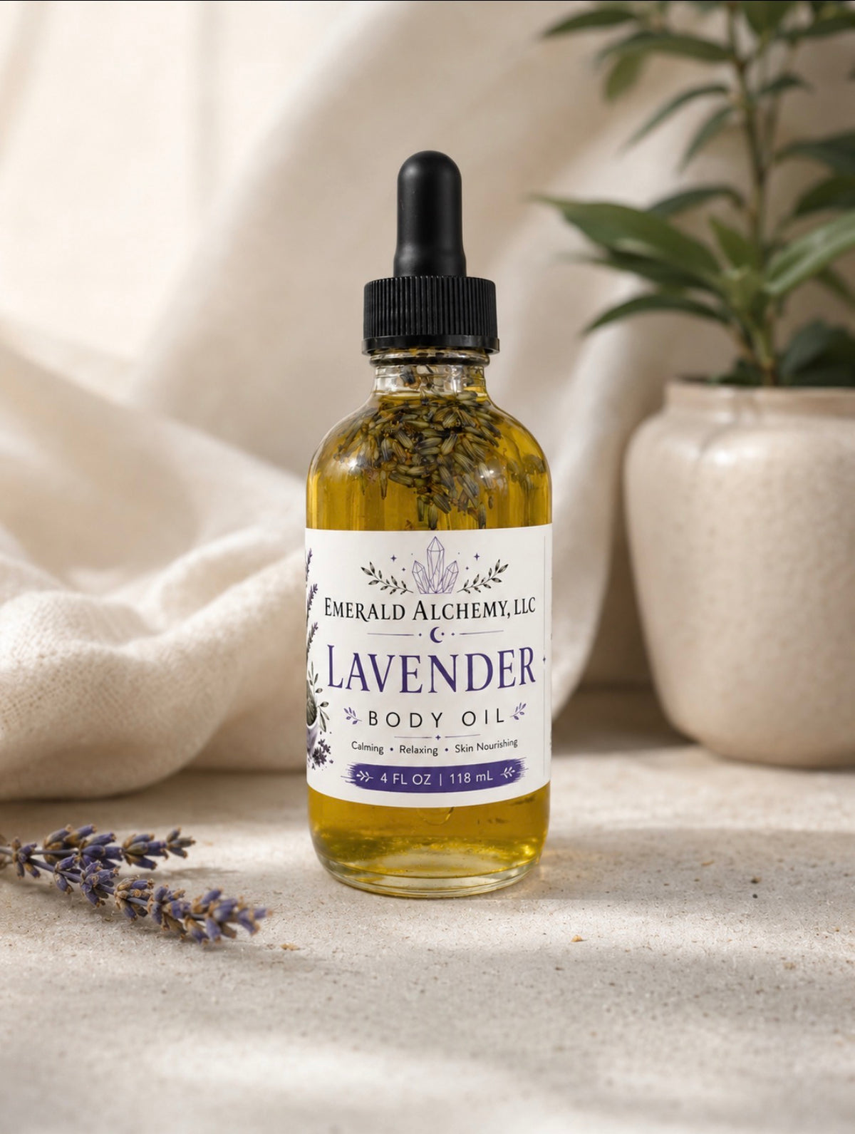 Lavender Body Oil in a 4 oz dropper bottle with visible lavender buds