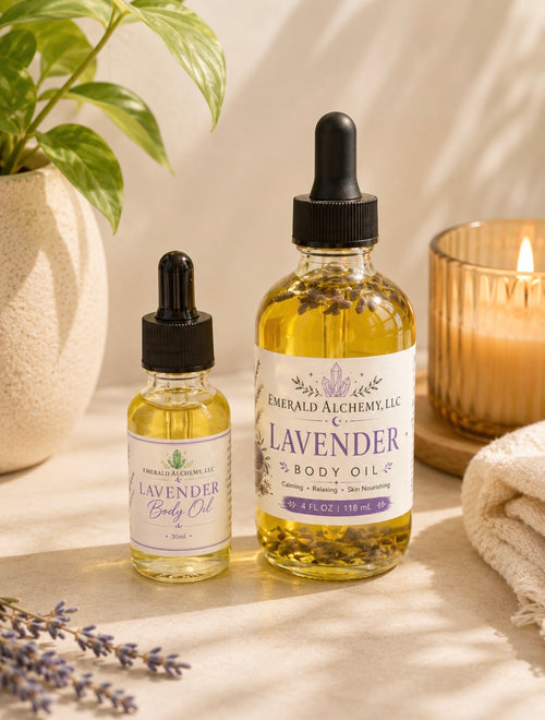 Emerald Alchemy Lavender Body Oil in 1 oz and 4 oz dropper bottles