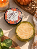 Pumpkin Spice Latte Sugar Body Scrub 8 oz with open jar and autumn styling
