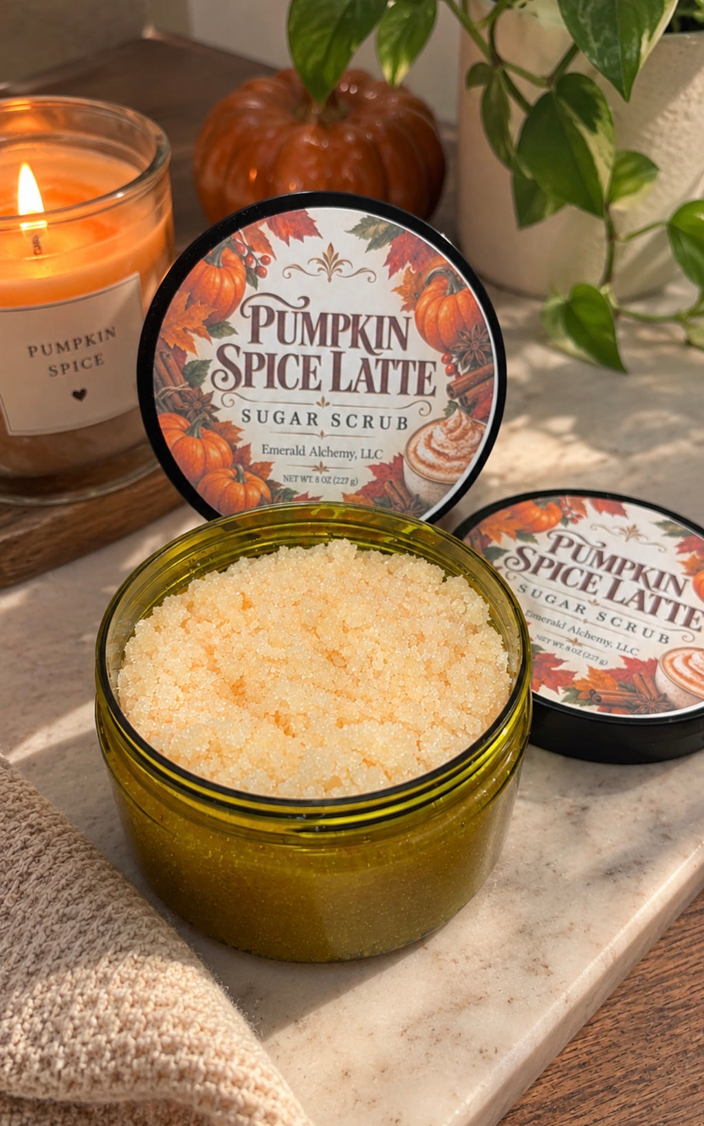 Pumpkin Spice Latte Sugar Body Scrub 8 oz showing scrub texture and labeled jar