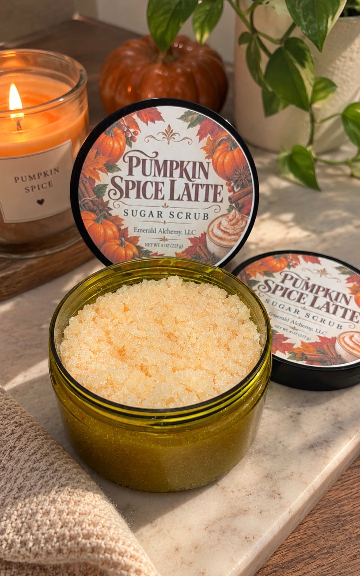 Pumpkin Spice Latte Sugar Body Scrub 8 oz showing scrub texture and labeled jar