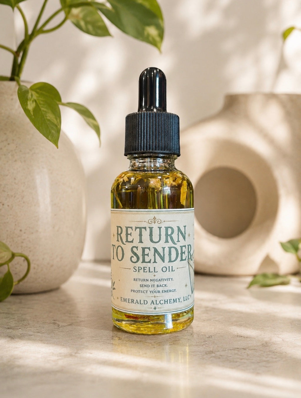 Return to Sender spell oil in a 1 oz dropper bottle