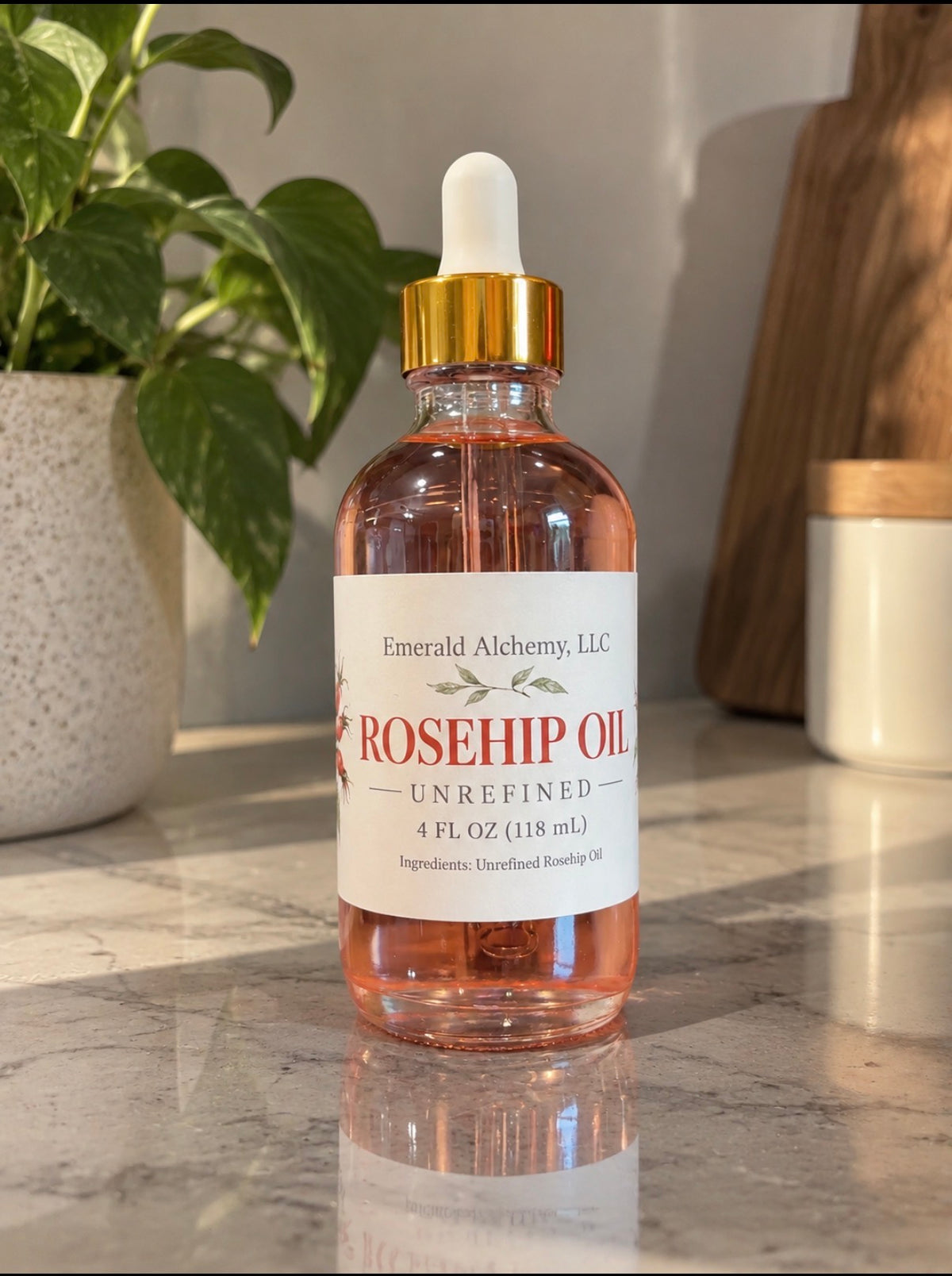 Unrefined Rosehip Oil in a 4 oz glass dropper bottle