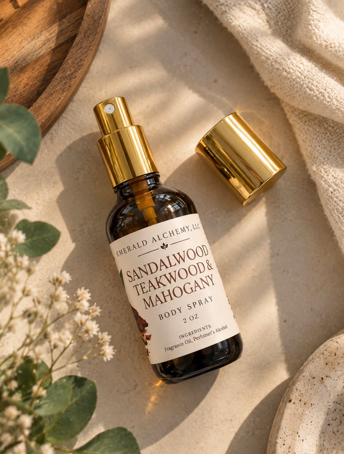 Sandalwood Teakwood and Mahogany body spray in amber glass bottle with gold sprayer on warm neutral background