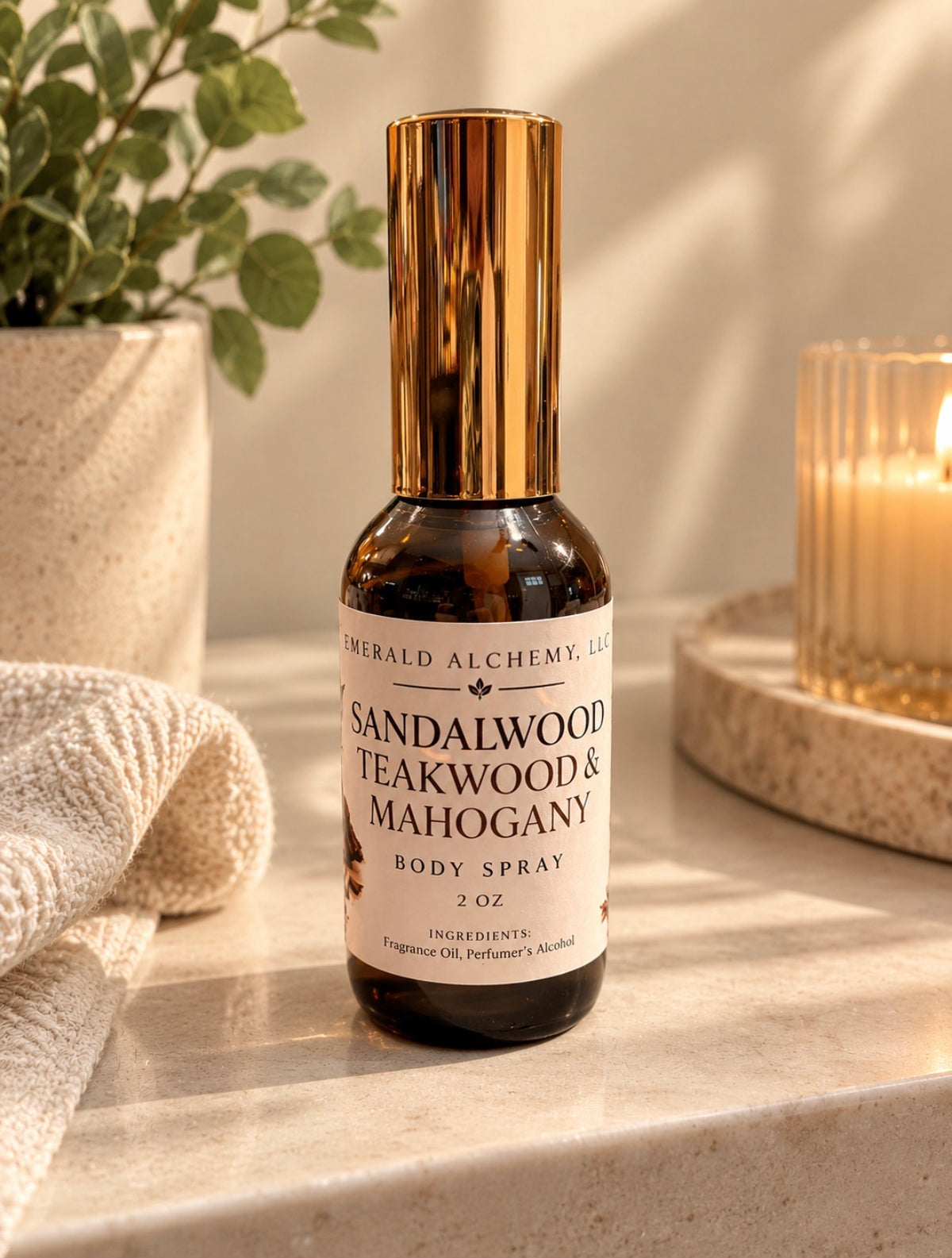 Sandalwood Teakwood and Mahogany body spray in amber bottle with gold cap in warm spa setting