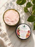 Strawberry Shortcake Sugar Body Scrub 8 oz with open pink scrub and labeled lid