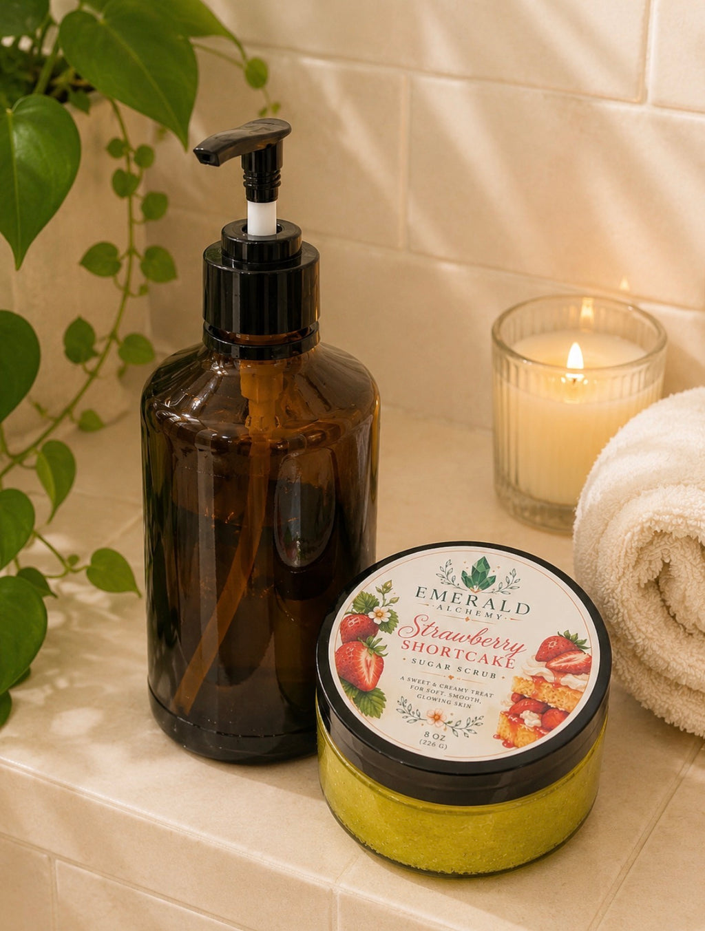 Strawberry Shortcake Sugar Body Scrub 8 oz jar in bathroom setting with candle and towel