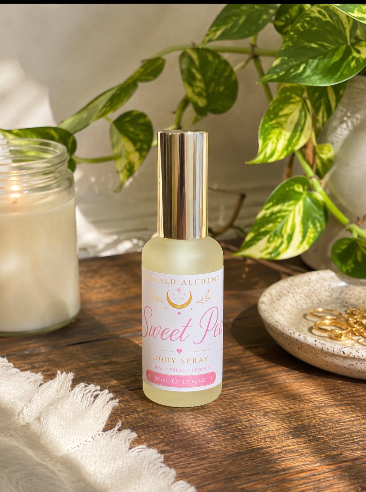 Sweet Pea body spray 50 mL bottle by Emerald Alchemy