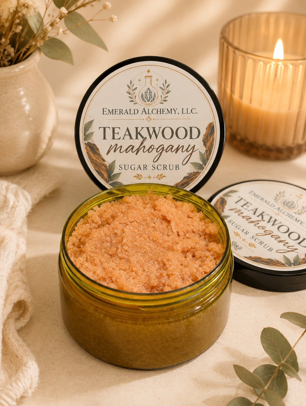 Teakwood Mahogany Sugar Body Scrub 8 oz open jar with labeled lids and candle