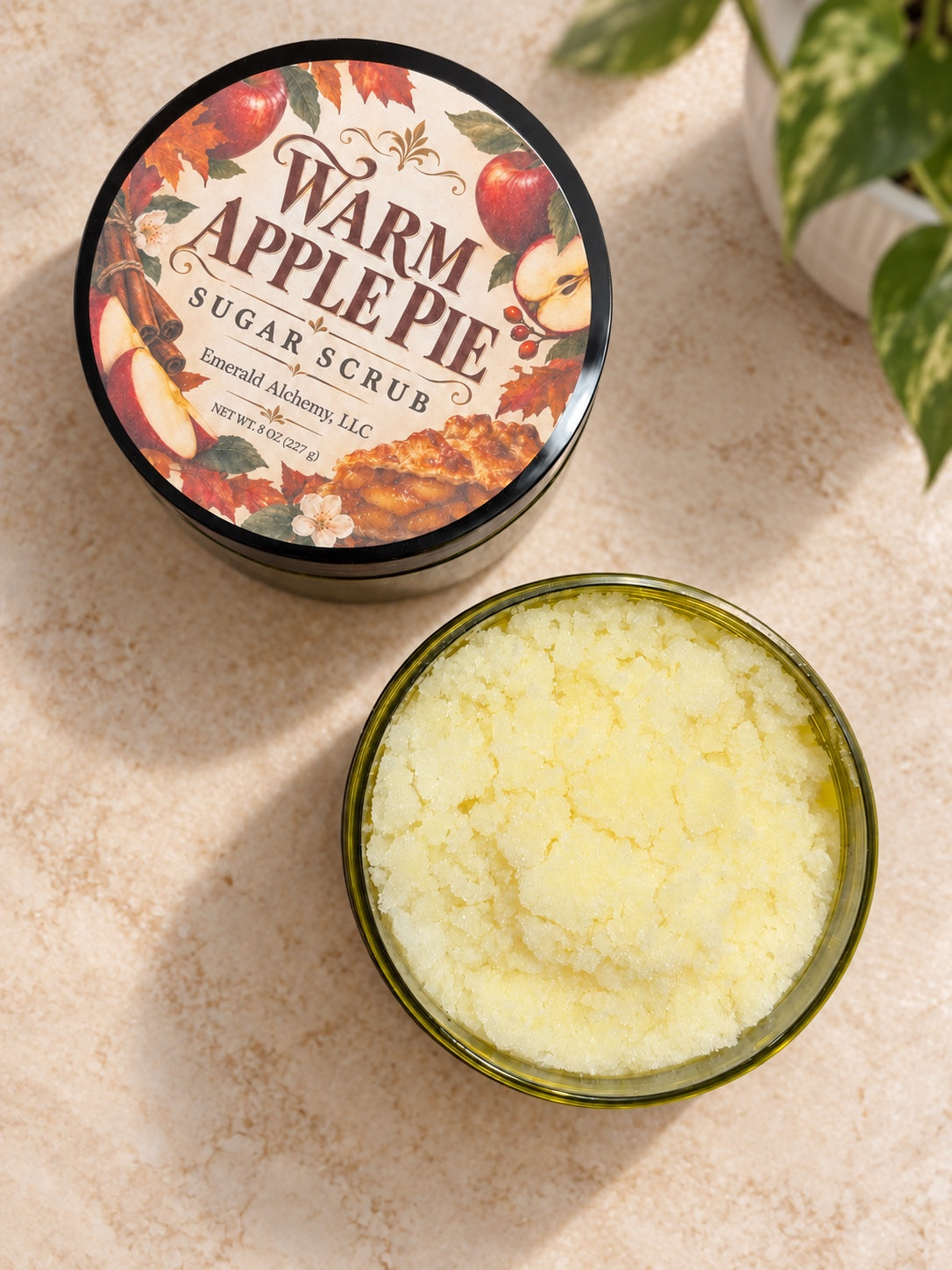 Warm Apple Pie Sugar Body Scrub 8 oz with open jar and apple pie label