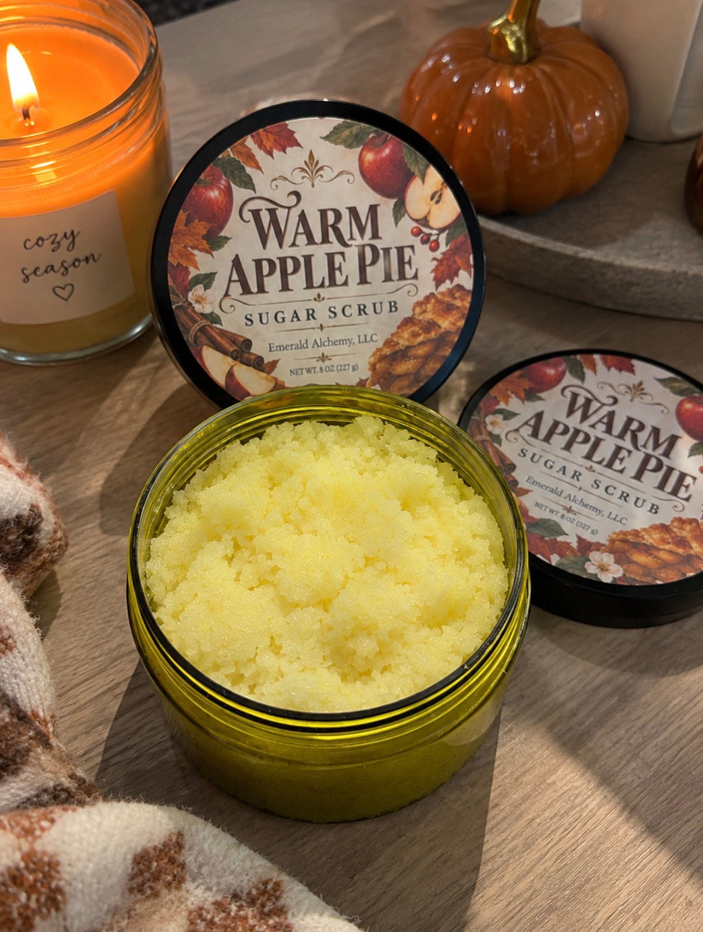 Warm Apple Pie Sugar Body Scrub 8 oz showing texture with cozy fall styling