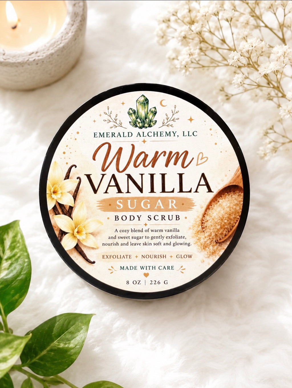 Warm Vanilla Sugar Body Scrub 8 oz by Emerald Alchemy