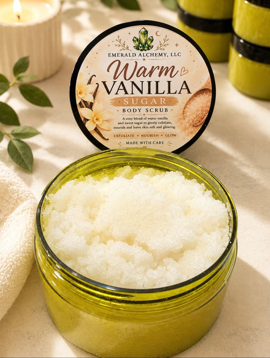 Open Warm Vanilla Sugar Body Scrub showing texture