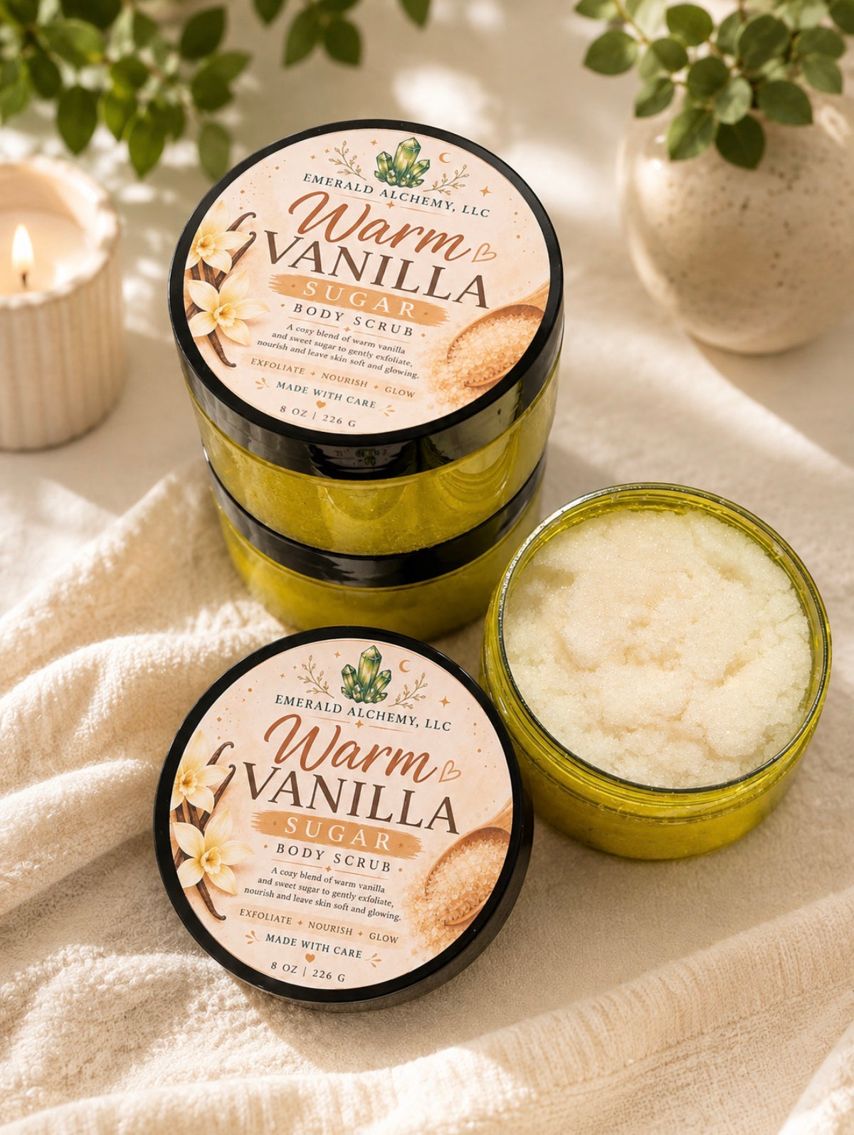 Warm Vanilla Sugar Body Scrub jars and open scrub