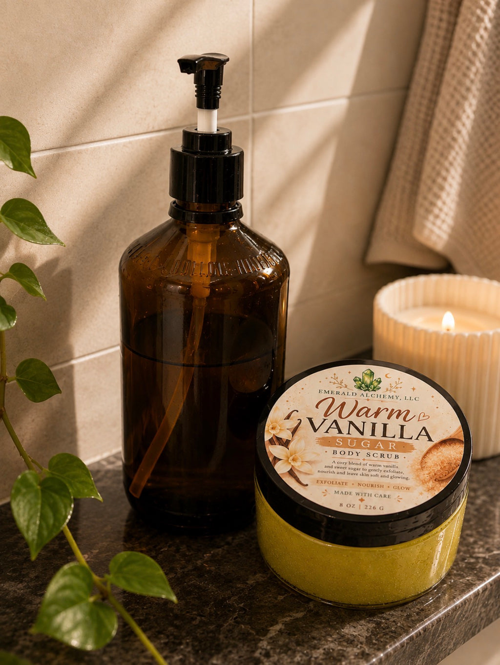 Warm Vanilla Sugar Body Scrub 8 oz bathroom lifestyle photo